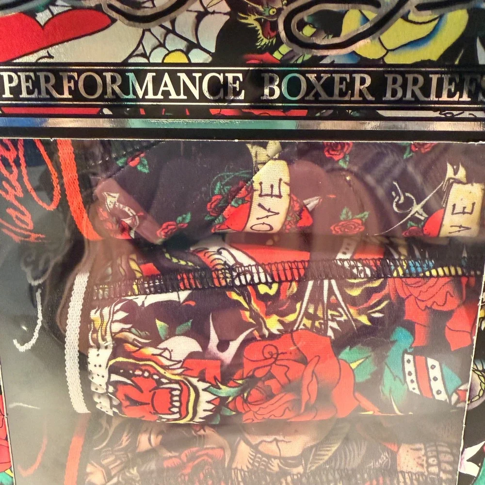 Ed Hardy Performance Boxer Briefs 4 Pack (LG 36-38) Stretch Skulls Roses Tattoo